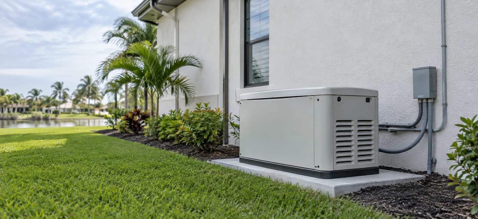 Residential standby generator beside a Florida home