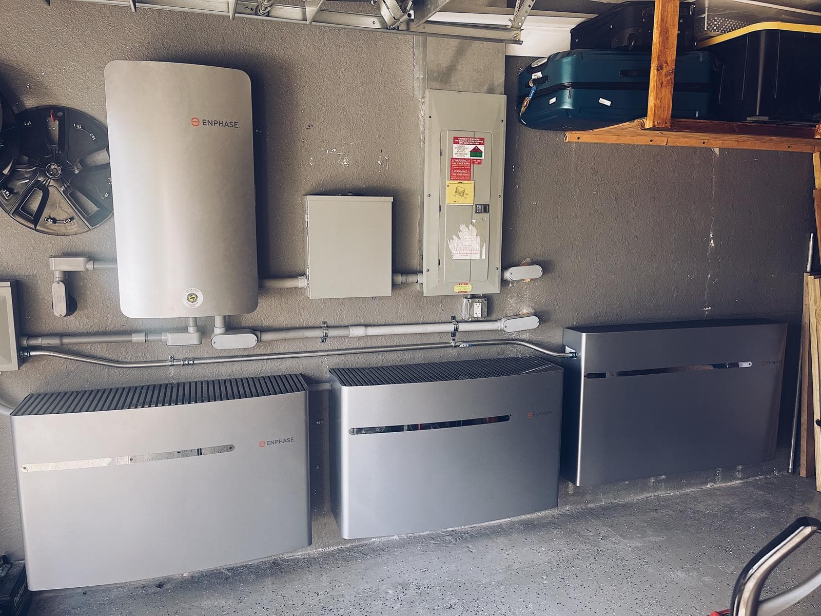 Enphase IQ battery system with three battery units installed in garage by S7 Solar